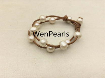 2 rows Leather Pearls Bracelet, Handmade Cuff,White Pearls on Brown Leather,Black leather bracelet,Le7-058