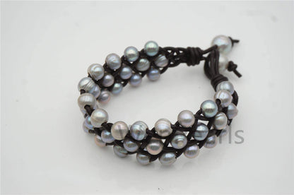 Three rows Gray pearl bracelet,Leather Pearls Bracelet, Handmade Cuff,Gray Pearls on Brown Leather,Black leather bracelet,Le7-100