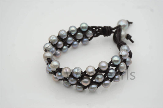 Three rows Gray pearl bracelet,Leather Pearls Bracelet, Handmade Cuff,Gray Pearls on Brown Leather,Black leather bracelet,Le7-100