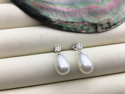 AAA 9mm White rice pearl flower cz stud earrings,S925 Sterling Sliver pearl earrings,pearl for women for girl,SE3-146