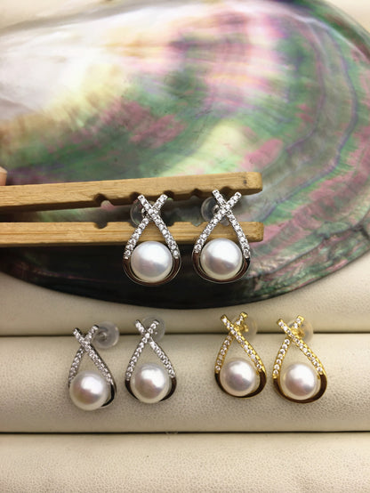 1 pair silver/gold AAA pearl stud earrings,real pearl earrings,pearl for women ,crystal and pearl earrings,SE3-038