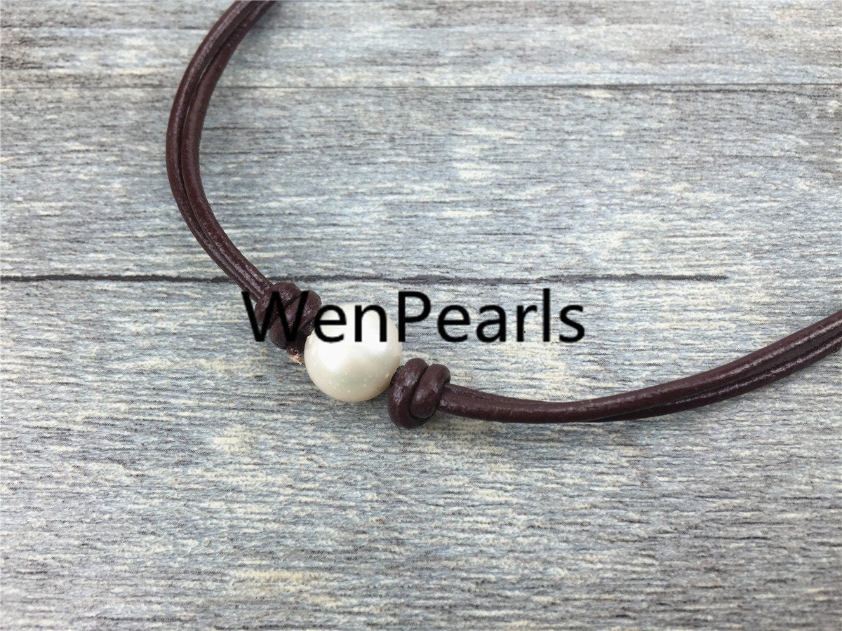 Leather Pearl Choker, Pearl Leather Necklace, bracelet,White Freshwater pearl, Birthday,Black Leather Pearl necklace,LIGHT BROWN,Le1-026