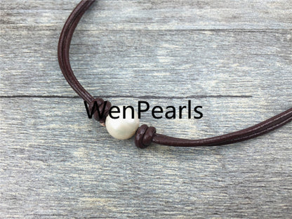 Leather Pearl Choker, Pearl Leather Necklace, bracelet,White Freshwater pearl, Birthday,Black Leather Pearl necklace,LIGHT BROWN,Le1-026