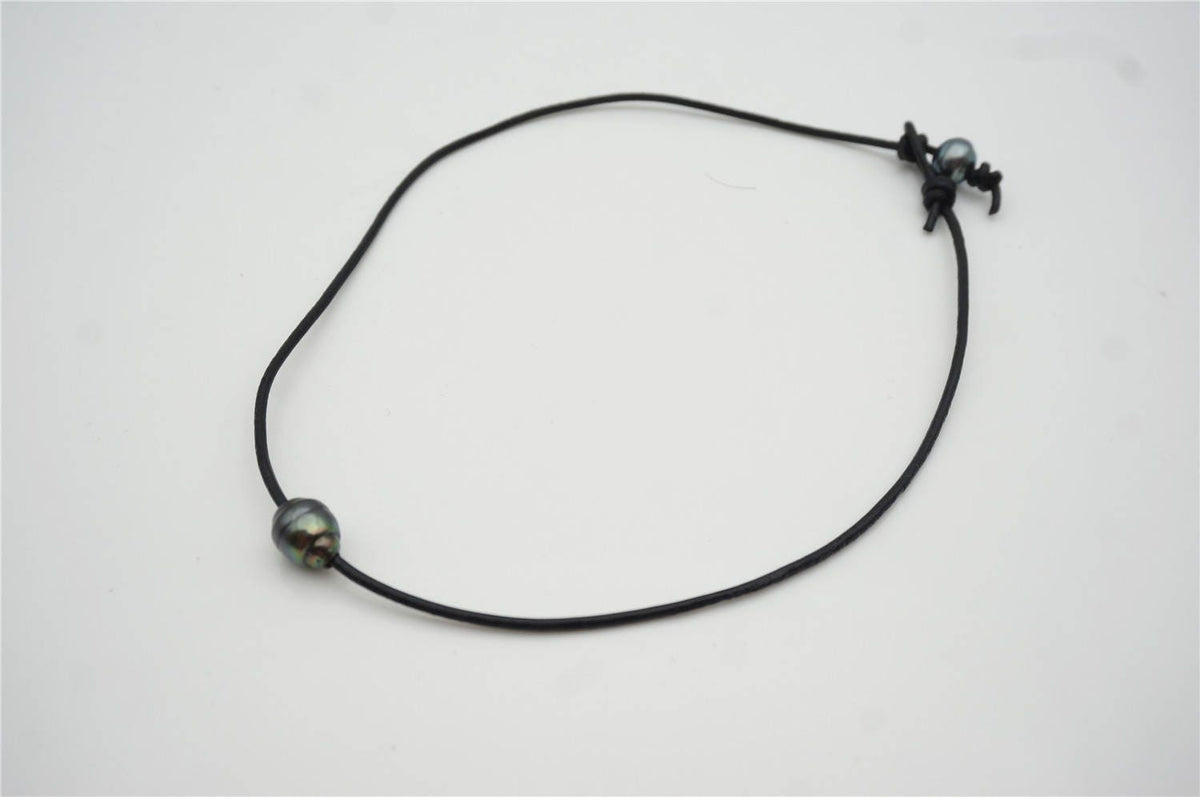10-12mm Tahitian pearls hand rolled and knotted leather necklace, men or women choker, Black Leather Pearl necklace,Le11-025