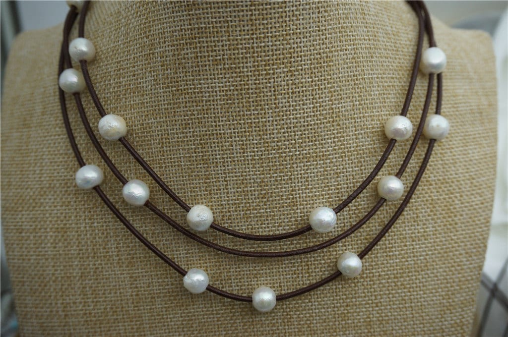 Floating pearl and leather Necklace, Pearl and Leather Necklace ,Multi-Strand Pearls necklace ,Pearl and Leather,Le1-084