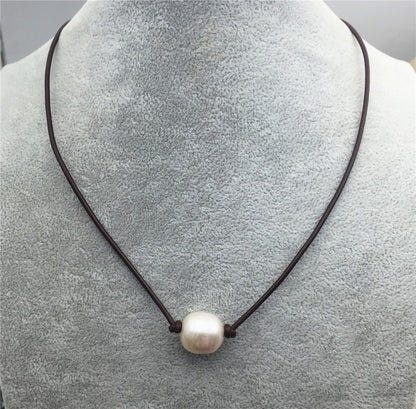 BIG Leather Pearl Choker,High Luster pearl, Pearl Leather Necklace,Ivory Freshwater pearl,Black Leather Pearl necklace,Le1-024