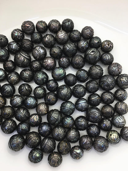 1pc AA 10-14 Black Near Round Carved Tahitian Pearl - Hand Carved - Tattoo Pearls, carved pearls, flower design,through hole,CAC-FLW-9-2