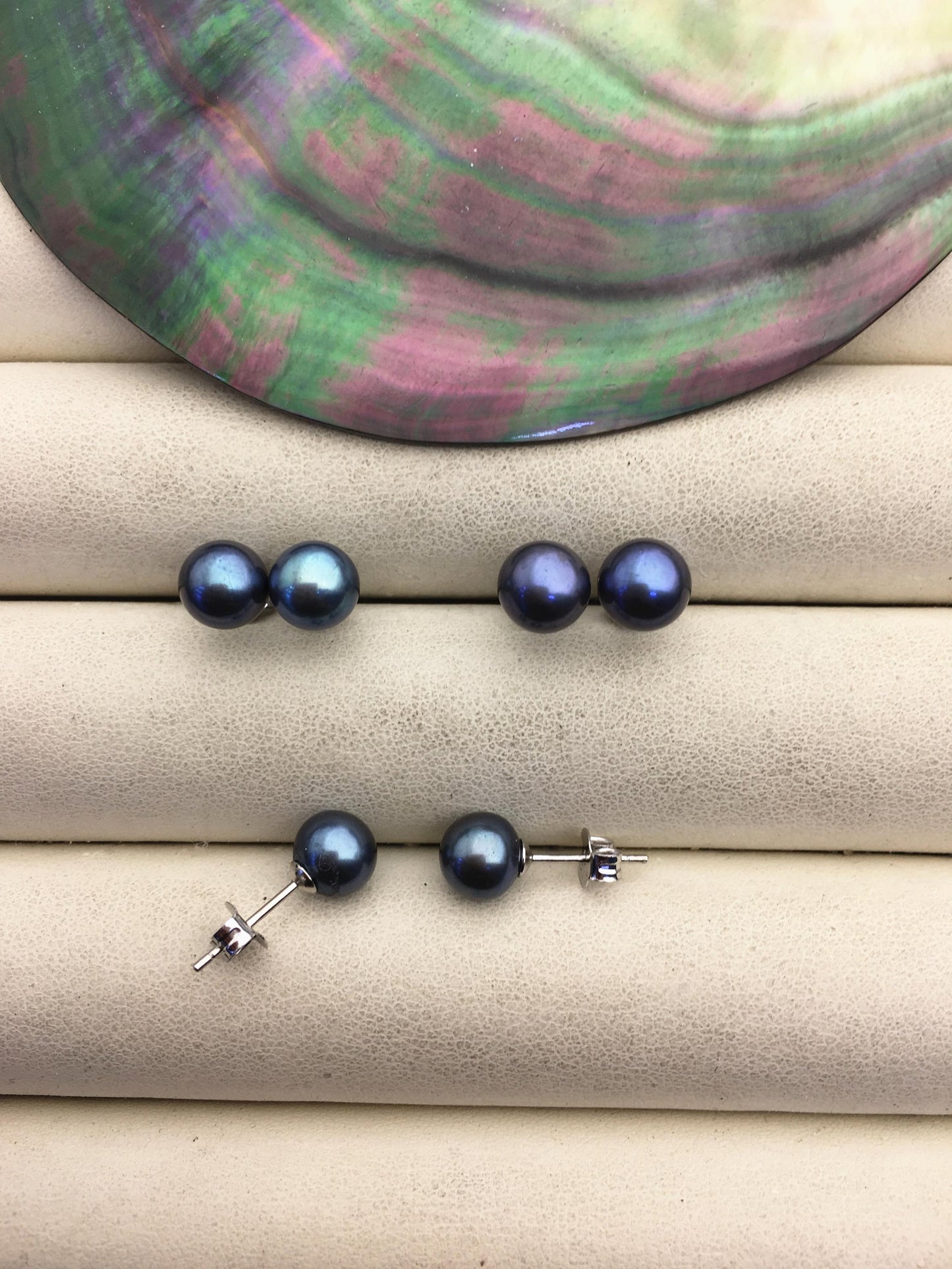 1 pair AAA 7-8mm Deep Blue Near Round Pearl Stud Earrings,Sterling Silver,Wedding,classic pearl studs,SE1-T14