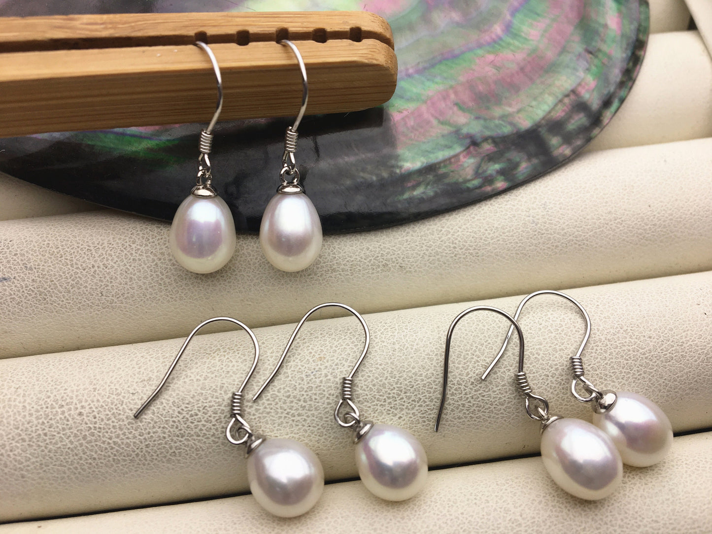 AAA 7.5-8mm white/purple/gray rice freshwater pearl dangle earrings,S925 Sterling Sliver pearl earrings,pearl for women,SE3-110