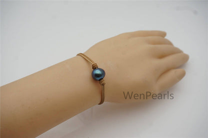 Big Single Potato Pearl fashion jewelry,pearl Leather Pearls Bracelet - plait leather bracelet - Genuine freshwater pearl - Le7-192
