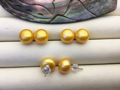 1 pair AAA 10-11mm Yellow Gold Pearl stud earrings,Sterling Silver,Wedding stud earrings,bridal,wedding party earrings,SE1-T28
