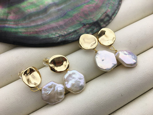 Gold coin natural white hexagon pearl stud earrings,wedding pearl earrings,SE3-131-61