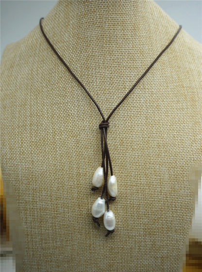 Freshwater Pearl and Leather Lariat Necklace, Light Brwon Leather Pearl necklace, Leather baroque pearl necklace,Le1-072