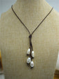 Freshwater Pearl and Leather Lariat Necklace, Light Brwon Leather Pearl necklace, Leather baroque pearl necklace,Le1-072