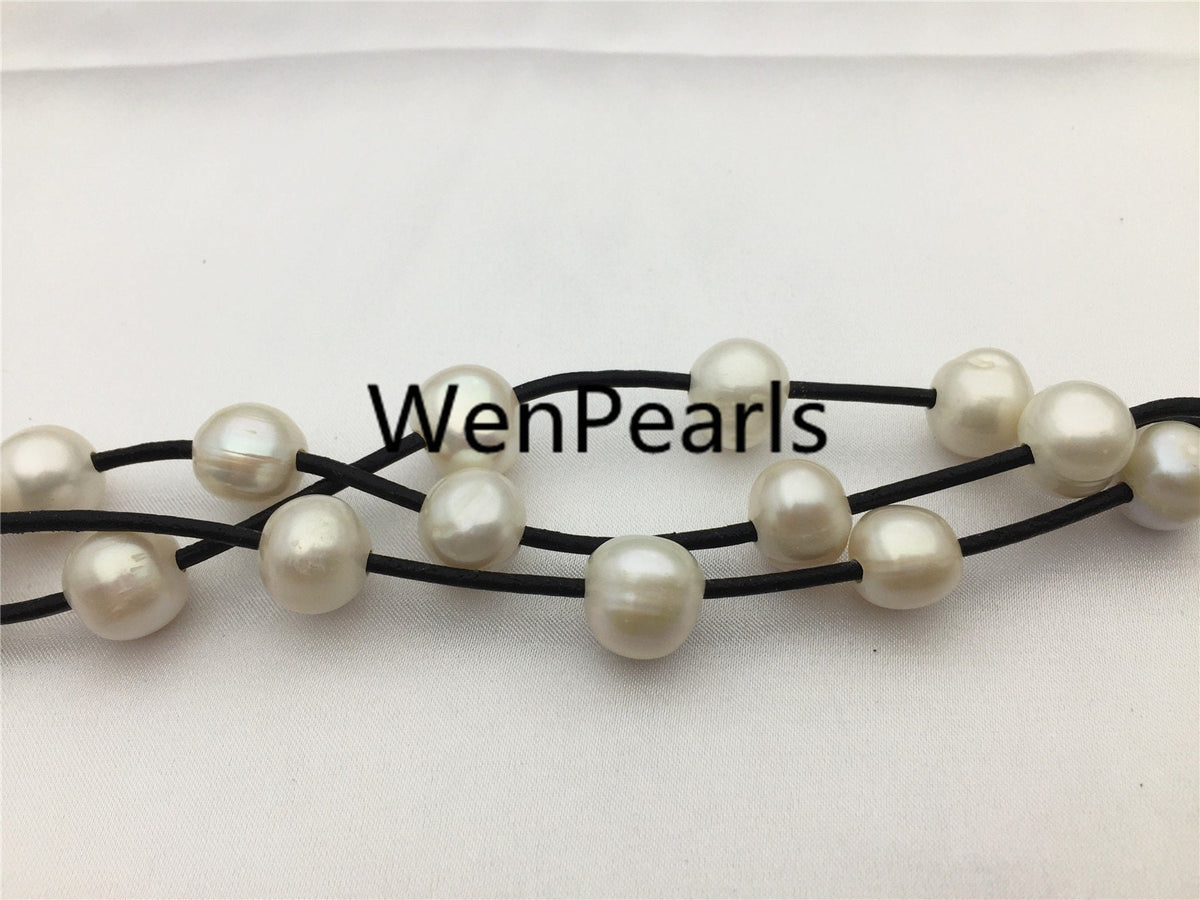 12mm potato pearl Bracelet,leather pearl bracelet, Handmade Cuff,White Pearls on Brown Leather,Black leather bracelet,Le7-075