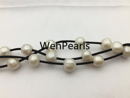12mm potato pearl Bracelet,leather pearl bracelet, Handmade Cuff,White Pearls on Brown Leather,Black leather bracelet,Le7-075