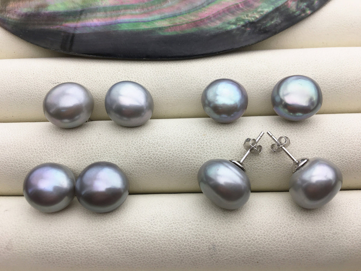 AAA 12.5-13mm big gray baroque Pearl Stud Earrings,freshwater pearl earrings,Wedding,classic pearl studs,SE1-069-4