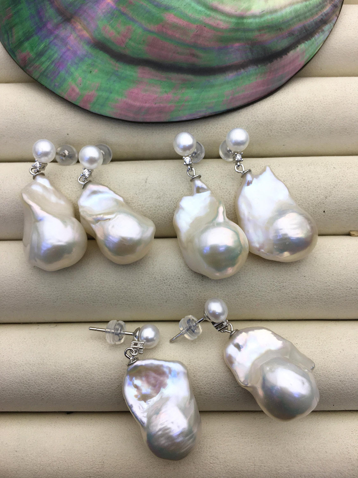 1 pair AAA 13-16mm flame ball pearl diamond stud earrings,sterling silver,earring with white baroque Natural Pearl,SE3-031-26