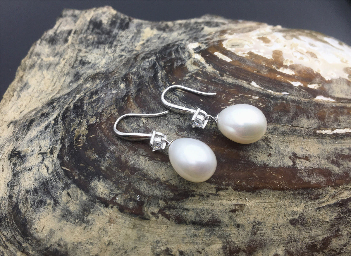 AAA 9mm white oval rice pearl cz stone dangle earrings,S925 Sterling Sliver pearl earrings,pearl for women for girl,SE3-082