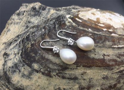 AAA 9mm white oval rice pearl cz stone dangle earrings,S925 Sterling Sliver pearl earrings,pearl for women for girl,SE3-082