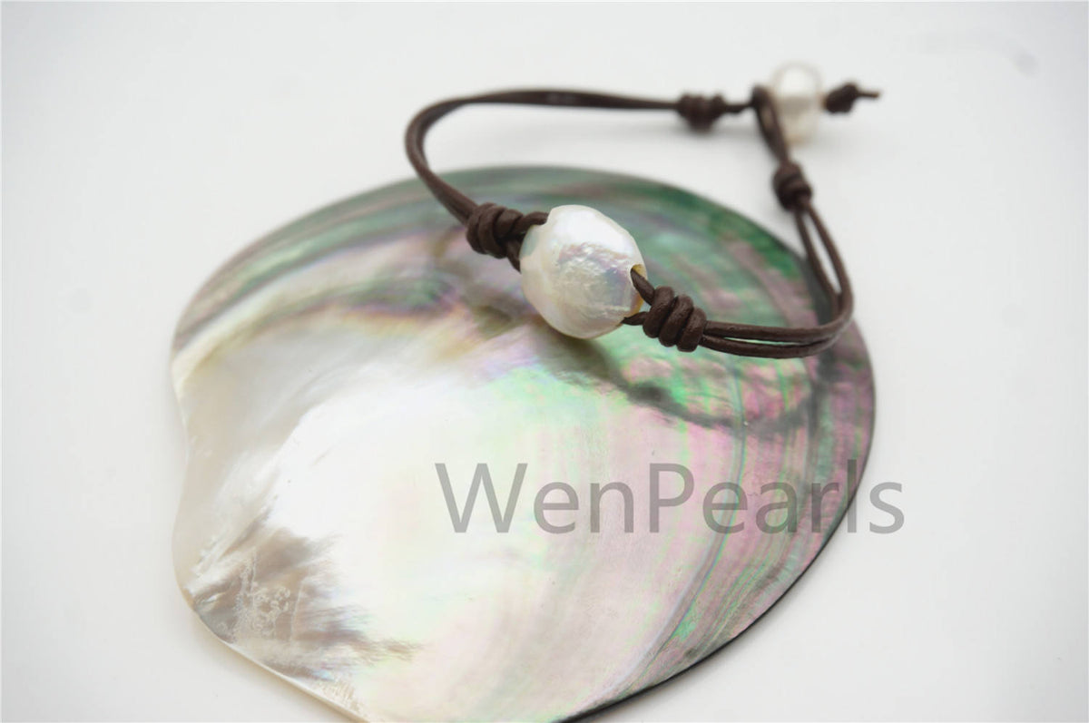 Big White Coin Pearl fashion jewelry,pearl Leather Pearls Bracelet - plait leather bracelet - Genuine freshwater pearl - Le7-136