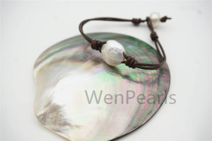 Big White Coin Pearl fashion jewelry,pearl Leather Pearls Bracelet - plait leather bracelet - Genuine freshwater pearl - Le7-136