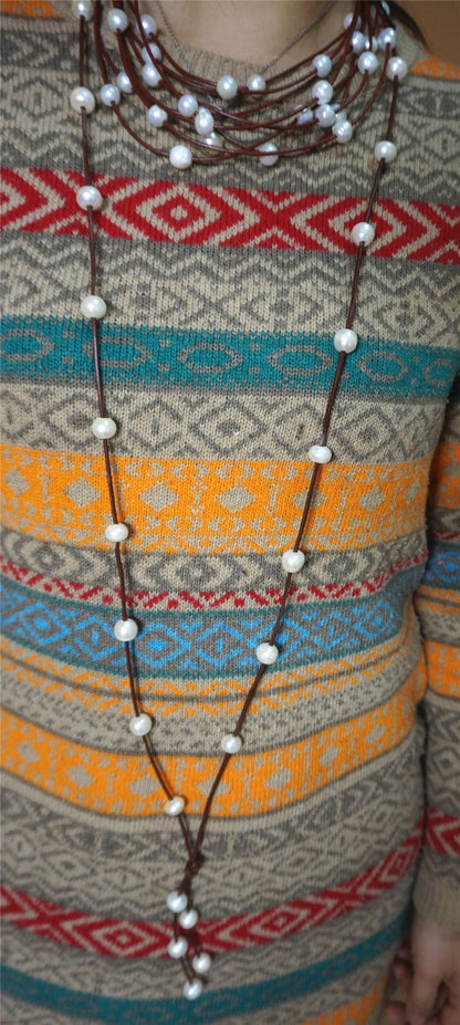 Long Freshwater Pearl and Leather Lariat Necklace,white pearl necklace Light Brwon Leather Pearl necklace, Leather baroque pearl, Le1-041