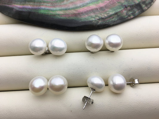 high luster!AAA 9.5-10mm White Nugget baroque pearl stud earrings - Freshwater Pearls earrings - SE1-069-21