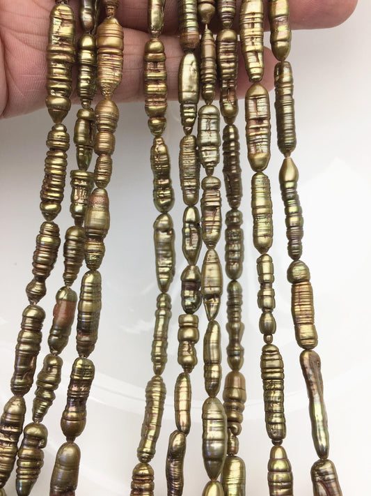 AA 6-7mm green brown toothpick Biwa Pearl Necklace,Genuine Fresh Water Pearl,Wedding Necklace,Mothers Day,ZS-80-10-25