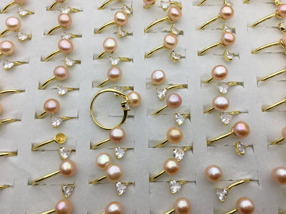 6pcs Gold Open AAA pink pearl ring,inexpensive engagement rings,fashion rings,fake diamond rings real pearls,inexpensive ring,R1-088-7