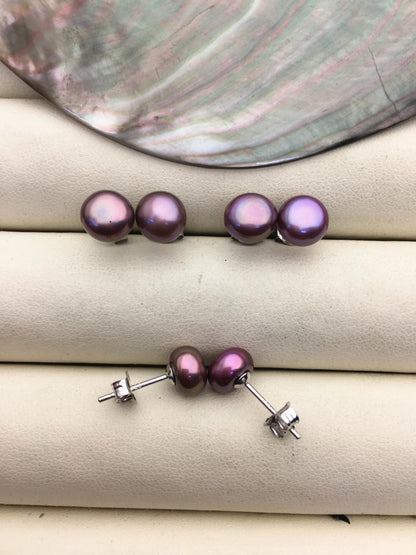 AAA 7-8mm Purple Rainbow Pearl Stud Earrings, pearl earrings,S925 Sterling Silver,Wedding,classic pearl studs,SE1-065