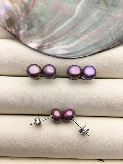 AAA 7-8mm Purple Rainbow Pearl Stud Earrings, pearl earrings,S925 Sterling Silver,Wedding,classic pearl studs,SE1-065