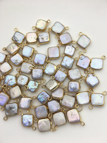 10pcs AA+ 11-12mm White Block Pearl Pendant with Gold Electroplated Edge for make Earrings bracelet necklace,wen pearl,EDG-013