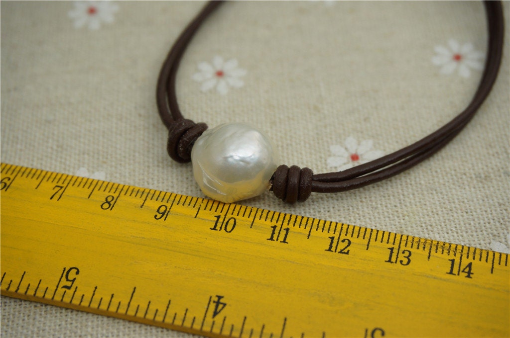 Huge Pearl and leather bracelet, Leather Pearls Bracelet, Handmade Cuff,White Pearls on Brown Leather,Black leather bracelet,Le7-069