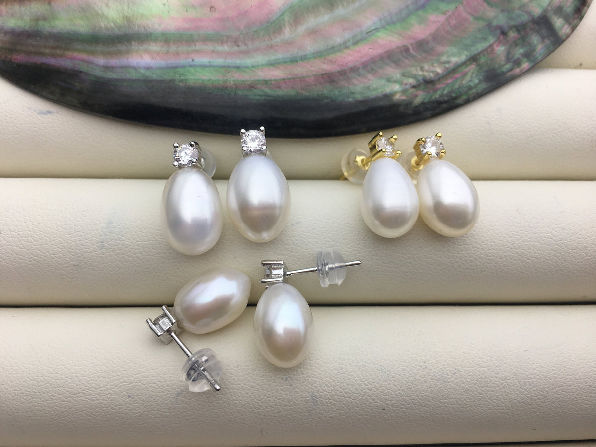 AAA 9mm White rice pearl cz stud earrings,zircon S925 Sterling Sliver pearl earrings,pearl for women for girl,SE3-058