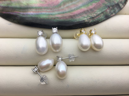 AAA 9mm White rice pearl cz stud earrings,zircon S925 Sterling Sliver pearl earrings,pearl for women for girl,SE3-058