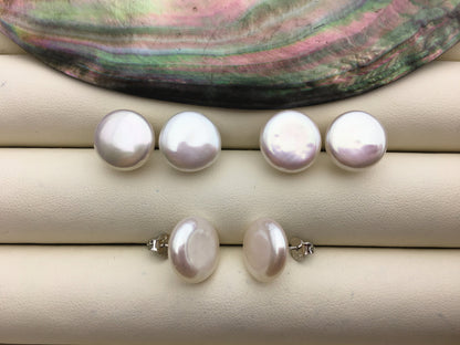 1 pair AAA 12-13mm White Coin Fresh Water pearl stud earrings,S925 Sterling Silver,dangle pearl earrings,SE3-061