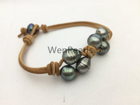 Fashion,Tahitian pearl bracelet,High Luster pearl,Pearl Leather bracelet,tahitian pearl bracelet,Black Leather bracelet,Le10-003
