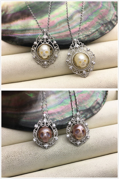 AAA white/purple/black handmade carved skull freshwater pearl pendant necklace,S925 Sterling silver pendant,NC1-012-1
