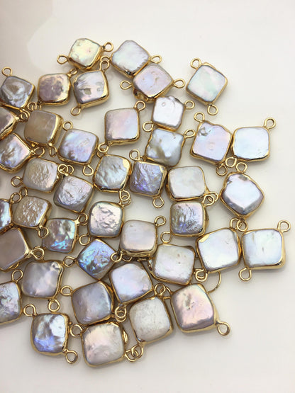 10pcs AA+ 11-12mm White Block Pearl Pendant with Gold Electroplated Edge for make Earrings bracelet necklace,wen pearl,EDG-013