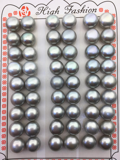 2 pairs AAA 9-9.5mm gray button round freshwater loose pearls pairs,half drilled,BTN9-T6