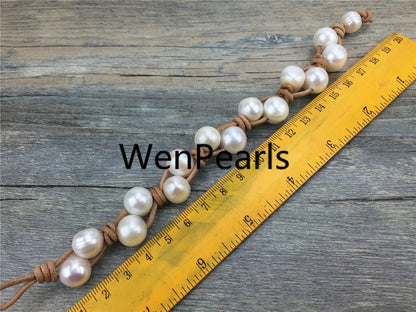 9mm two rows pearl bracelet,Leather Pearls Bracelet, Handmade Cuff,White Pearls on Brown Leather,Black leather bracelet,Le7-050