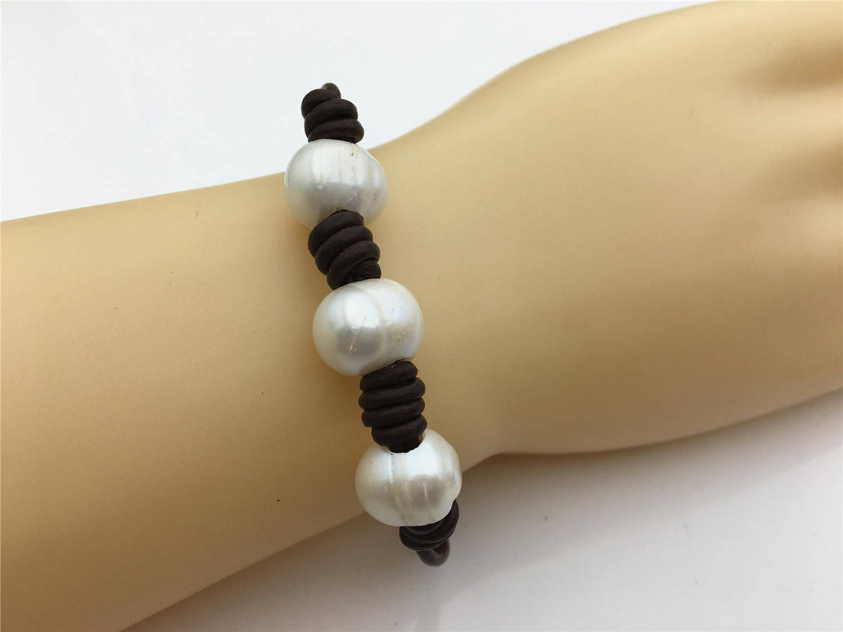 50% OFF 7.5 inches 12mm Big pearl twisted leather pearl bracelet, knotted freshwater pearl bracelet,Leather Pearls Bracelet,NPN1-032