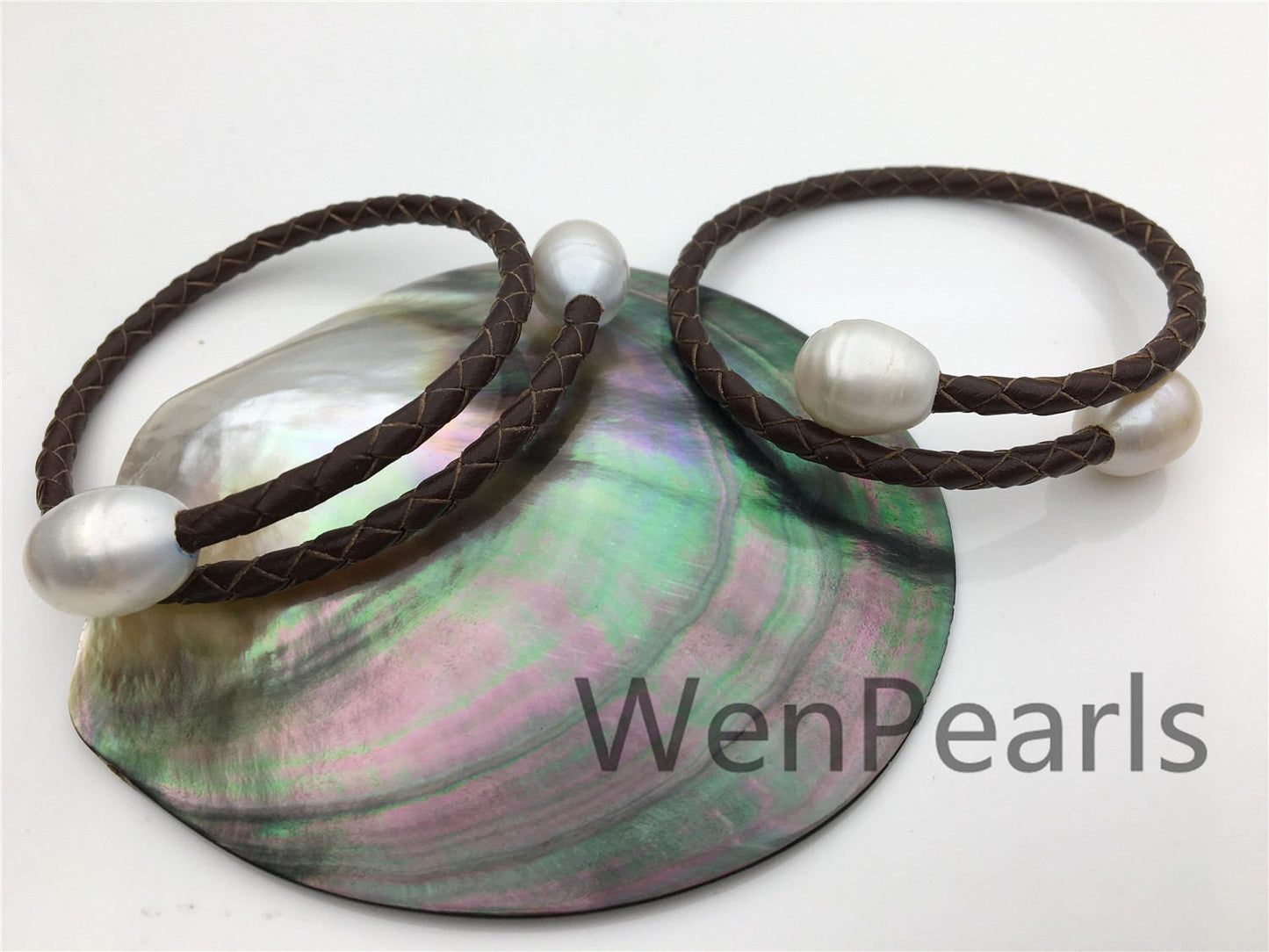Two Pearl Adjust Length Leather Bracelet,Leather pearl Bracelet-genuine freshwater pearl - Real leather - Le20-001