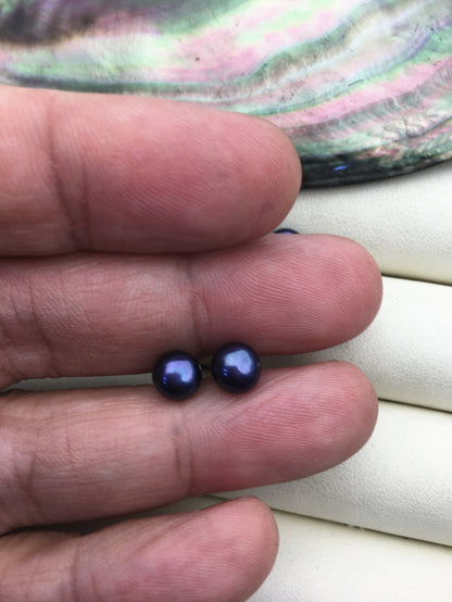 AAA 7-8mm deep blue black pearl stud earrings,Sterling Silver,SE1-T18