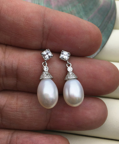 AAA 9mm White rice pearl cz stud earrings,zircon S925 Sterling Sliver pearl earrings,pearl for women for girl,SE3-046