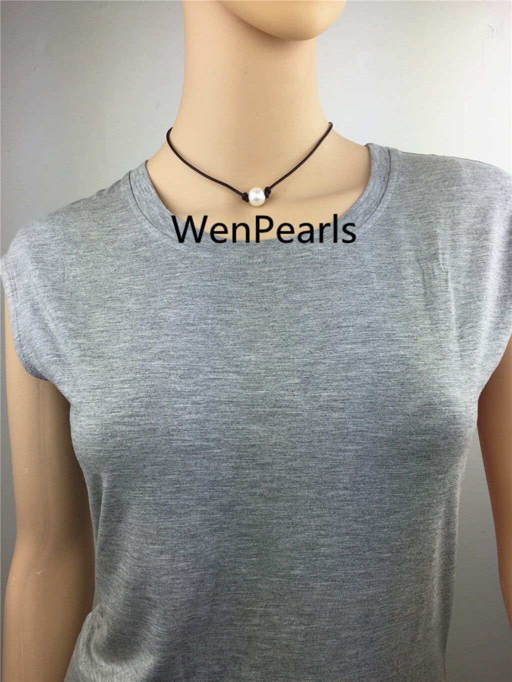 Hot sale! 11mm Round pearl necklace,Leather Pearl Choker,Pearl Leather Necklace,White Freshwater pearl,Black Leather Pearl necklace,Le1-001