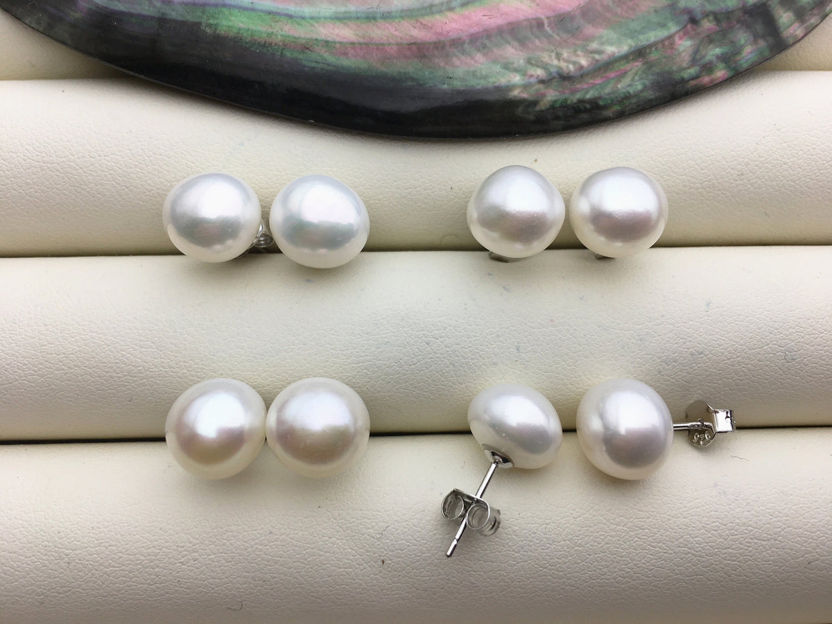 high luster!AAA 9.5-10mm White Nugget baroque pearl stud earrings - Freshwater Pearls earrings - SE1-069-21