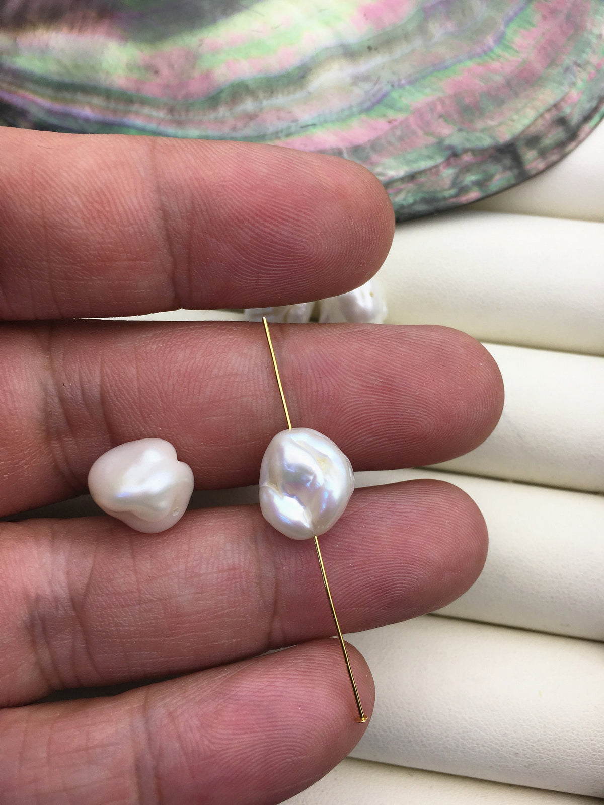 2 pairs AA 11-12mm Big White keshi pearls Pair,0.7mm through hole,ZS-127-62-9