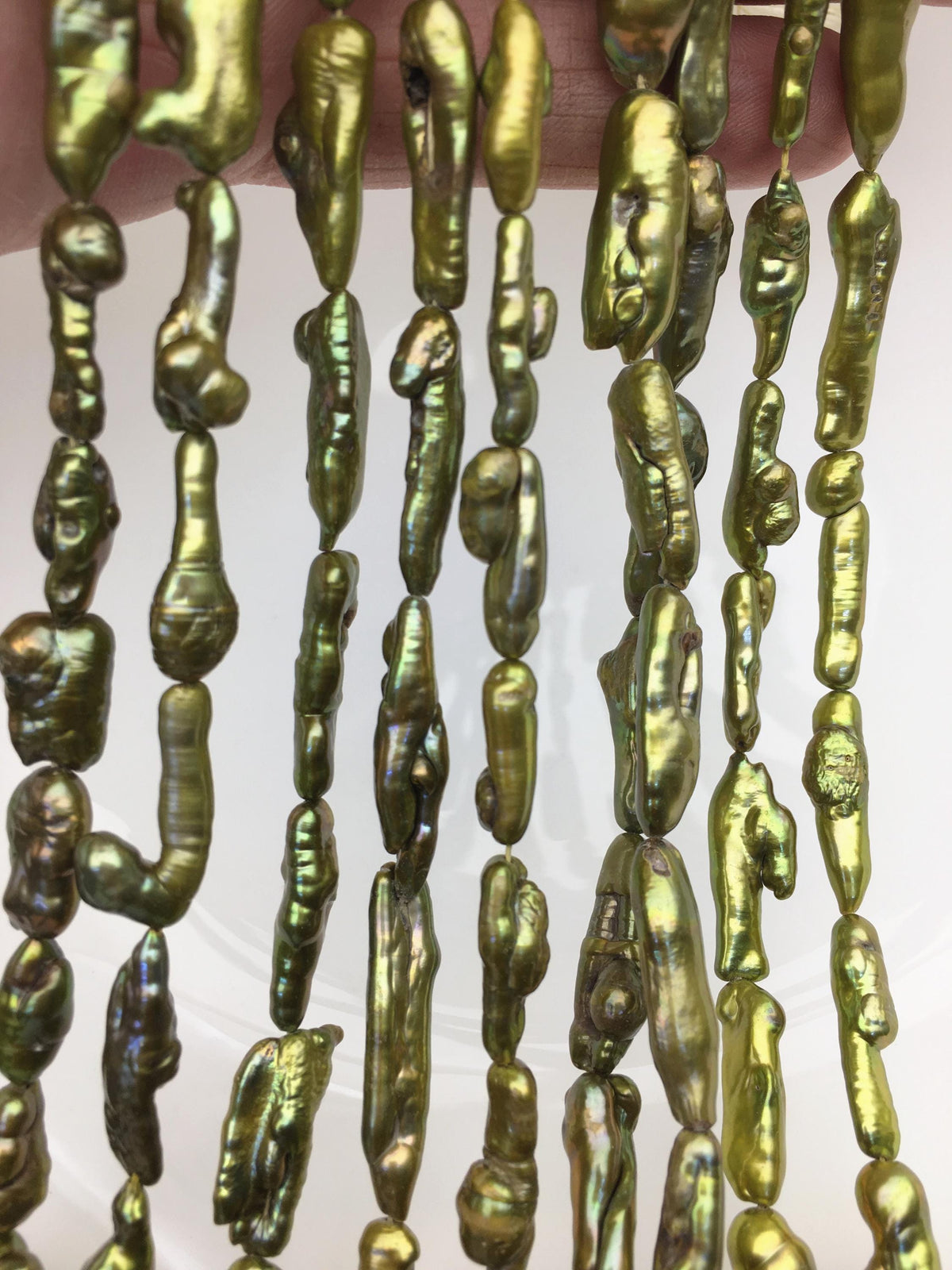 AA 6-8mm green toothpick Biwa Pearl Necklace,Genuine Fresh Water Pearl,Wedding Necklace,Mothers Day,ZS-80-10-57